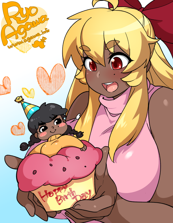 2girls, agawa_ryou, ahoge, artist_self-insert, bare_shoulders, blonde_hair, blush_stickers, borrowed_character, bow, breasts, cupcake, dark_skin, eyebrows_visible_through_hair, food, ganguro, hair_bow, hair_ribbon, happy_birthday, huge_breasts, in_food, kirbila_(yellow_kirby), krubby_(yellow_kirby), long_hair, minigirl, mole, mole_under_eye, multiple_girls, open_mouth, original, red_bow, red_eyes, sidelocks, sleeveless, sleeveless_turtleneck, smile, thick_eyebrows, turtleneck, watermark, web_address