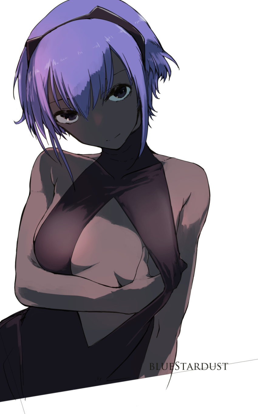 1girl, artist_request, assassin_(fate/prototype_fragments), bare_shoulders, breast_hold, breasts, center_opening, closed_mouth