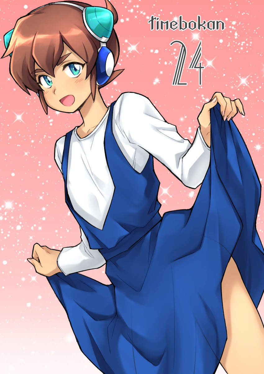 1boy, blue_dress, blue_eyes, brown_hair, copyright_name, cowboy_shot, crossdressinging, dress