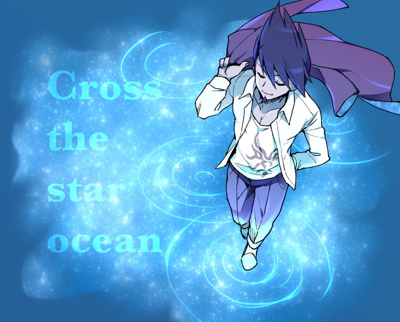 1boy, blue, blue_background, blue_sky, closed_eyes, dangan_ronpa, dress_shirt, facial_hair, goatee, holstein_kurita, jacket_on_shoulders, male_focus, momota_kaito, new_dangan_ronpa_v3, pants, purple_hair, school_uniform, shirt, sky, slippers, smile, space, space_print, spiky_hair, standing, standing_on_liquid, starry_sky_print, violet_eyes, wading, walking, walking_on_liquid, water