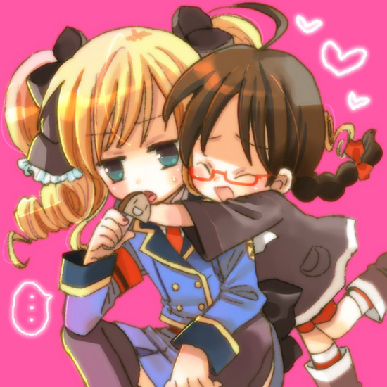 >:o, ..., 2girls, :o, ^_^, ahoge, akechi_kokoro, annoyed