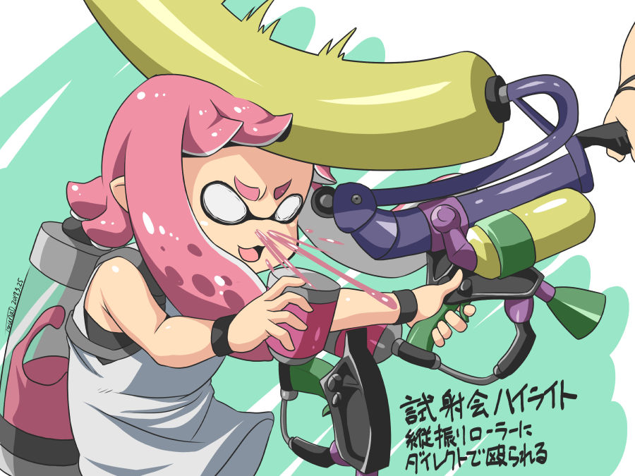 1girl, commentary_request, dated, hitting, inkling, paint, short_hair, solo_focus