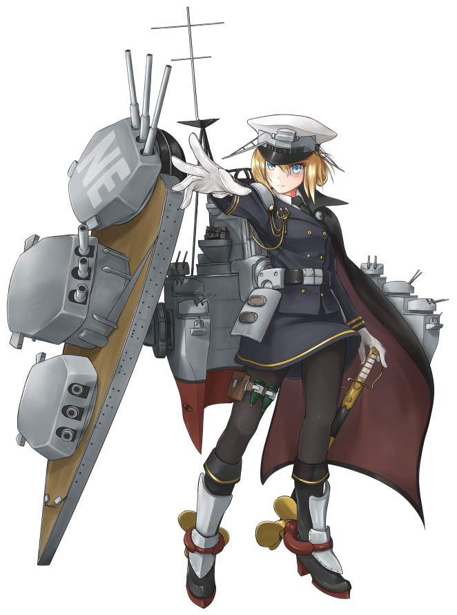 1girl, anchor, black_cape, blonde_hair, blue_eyes, blue_jacket, blue_skirt, boots