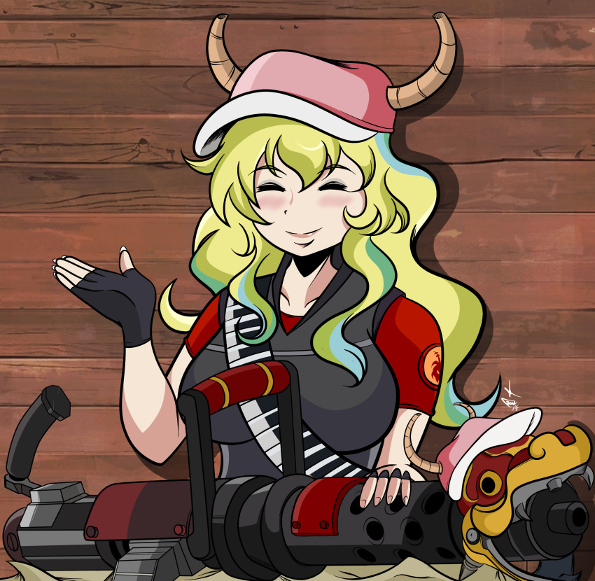 1girl, absurdres, bandolier, baseball_cap, blonde_hair, breasts, closed_eyes, commentary