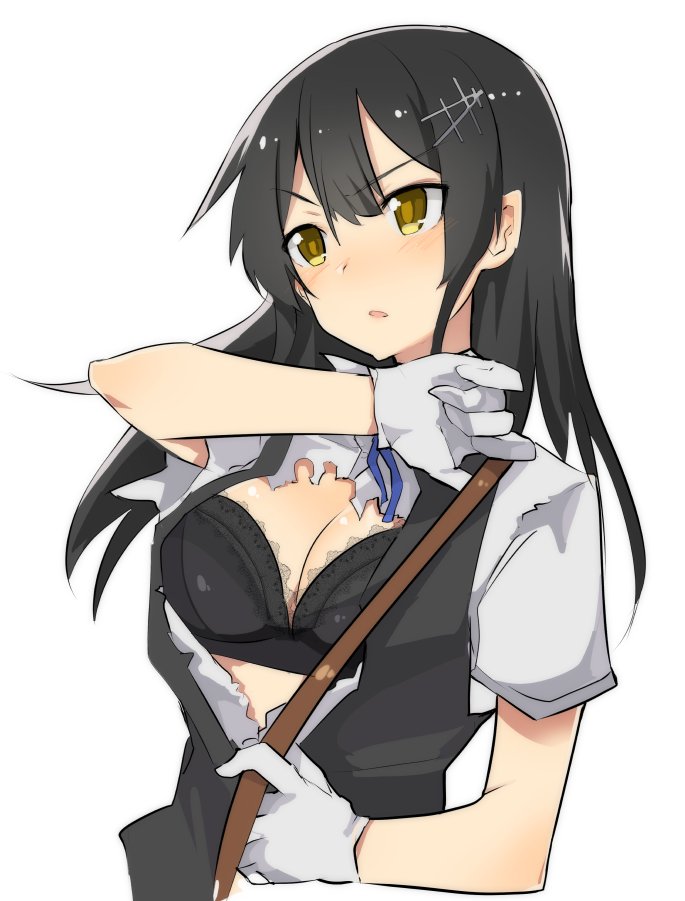 1girl, black_bra, black_hair, bra, breasts, cleavage, eyebrows_visible_through_hair, gloves