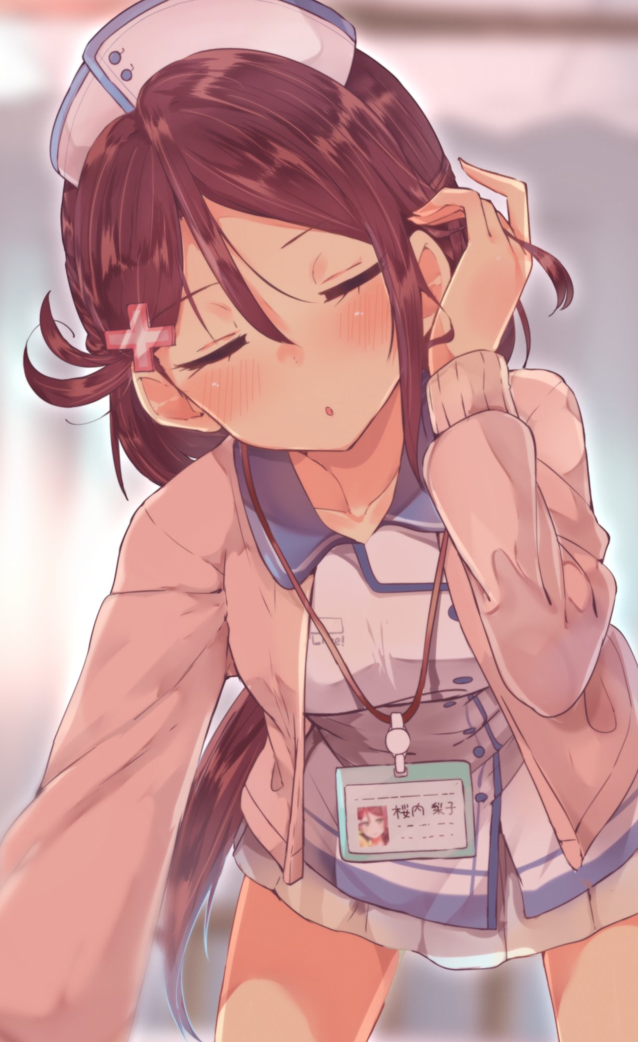 1girl, arm_support, blurry, blush, cardigan, closed_eyes, depth_of_field, eyebrows_visible_through_hair