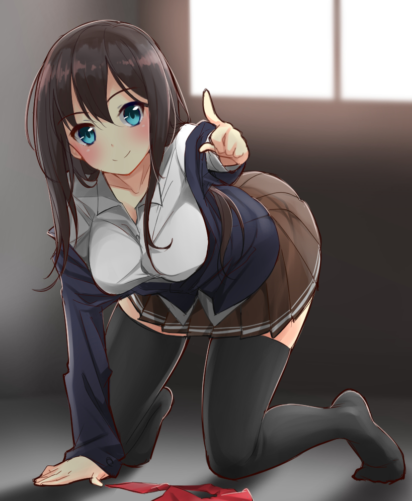 1girl, all_fours, bangs, black_legwear, blazer, blue_eyes, blush, breasts