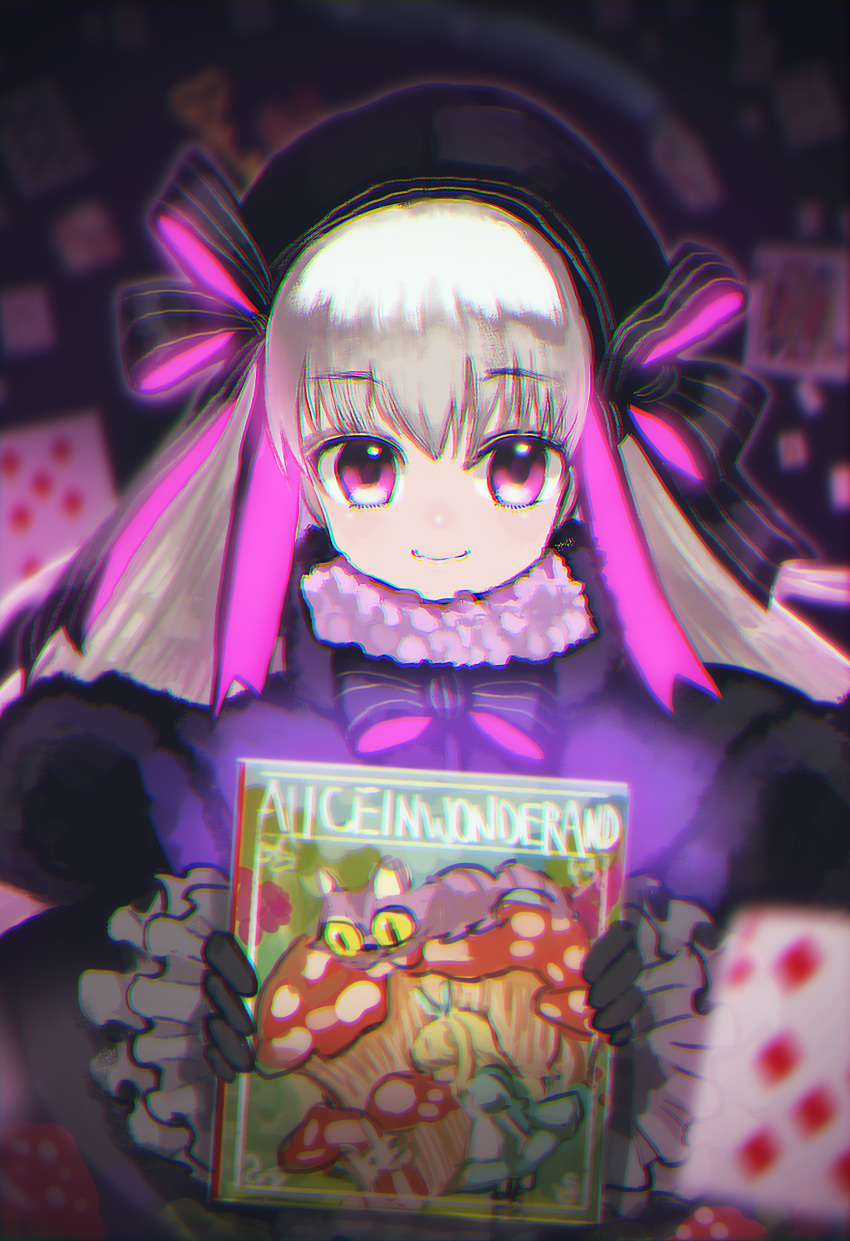 1girl, absurdres, alice_(wonderland), alice_in_wonderland, artist_request, bangs, beret, black_bow, black_bowtie, black_capelet, black_gloves, black_hat, blurry, blurry_background, book, bow, bowtie, capelet, card, cheshire_cat, child, chromatic_aberration, chromatic_aberration_abuse, closed_mouth, collar, commentary_request, depth_of_field, english, eyebrows_visible_through_hair, eyes_visible_through_hair, falling_card, fate/extra, fate_(series), frilled_collar, frilled_sleeves, frills, fur-trimmed_capelet, fur_trim, gloves, glowing, hat, hat_bow, highres, holding, holding_book, kururi_(9ruri), large_bow, long_hair, long_sleeves, looking_at_viewer, mushroom, nursery_rhyme_(fate/extra), playing_card, purple_bow, purple_bowtie, smile, solo, striped, striped_bow, striped_bowtie, violet_eyes, white_hair, white_rabbit
