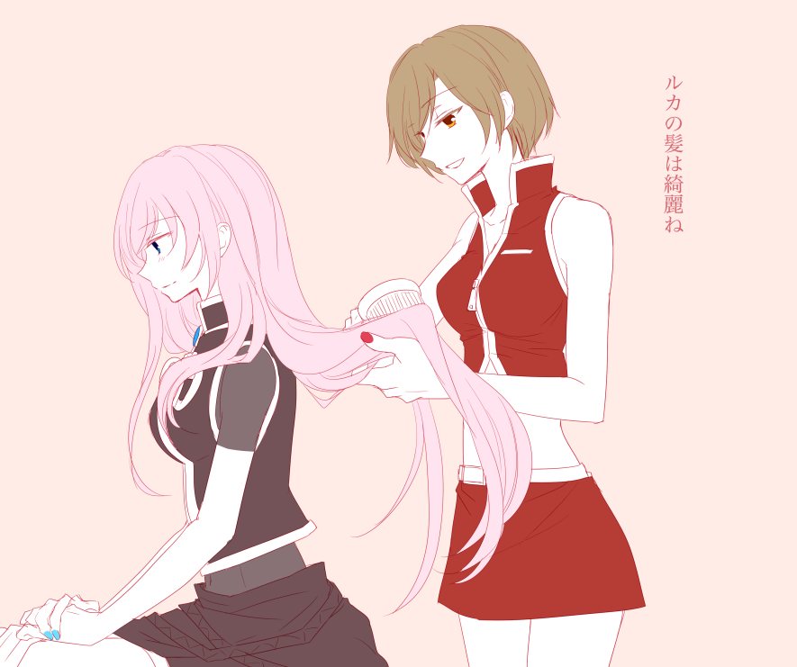 2girls, belt, blue_eyes, blue_nails, breasts, brown_eyes, brown_hair, brush