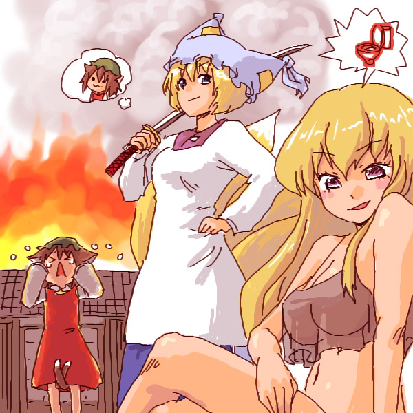 abekawa, animal_ears, blonde_hair, blue_eyes, blush, brown_hair, cat_ears, cat_tail