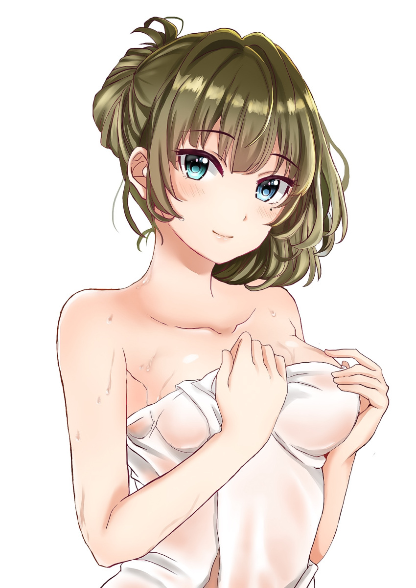 1girl, alternate_costume, alternate_hairstyle, bare_shoulders, bath, bathing, blue_eyes, blush