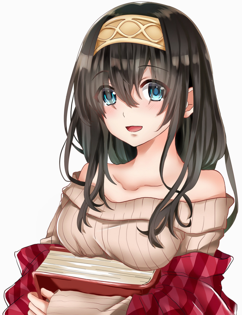 1girl, bare_shoulders, black_hair, blue_eyes, blush, book, breasts, collarbone