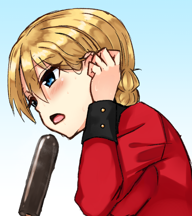 1girl, adjusting_hair, aqua_background, bangs, blonde_hair, blue_eyes, braid, chocolate