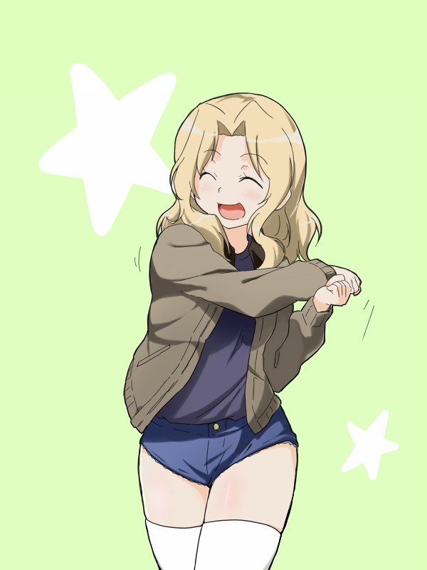 1girl, :d, ^_^, baker_at_bat, black_shirt, blonde_hair, blue_shorts, brown_jacket