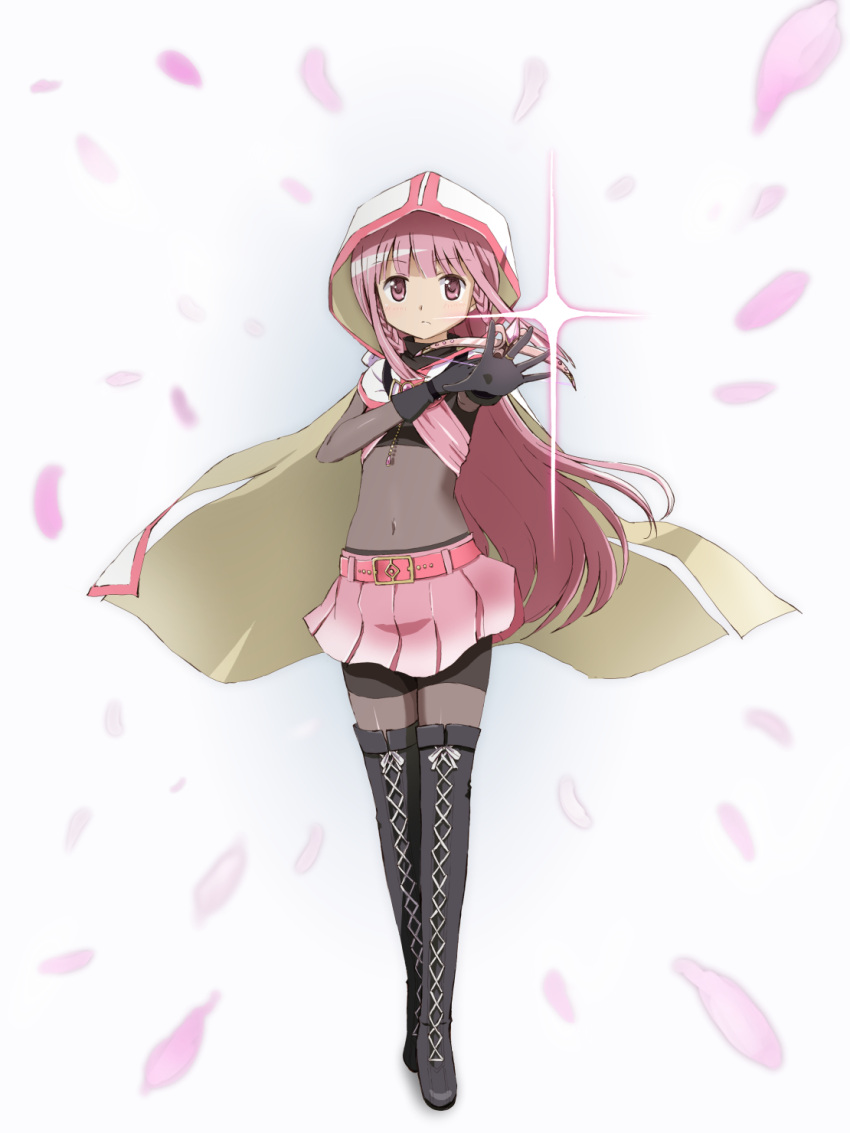 1girl, ballista, boots, capelet, cherry_blossoms, gloves, highres, kinfuji