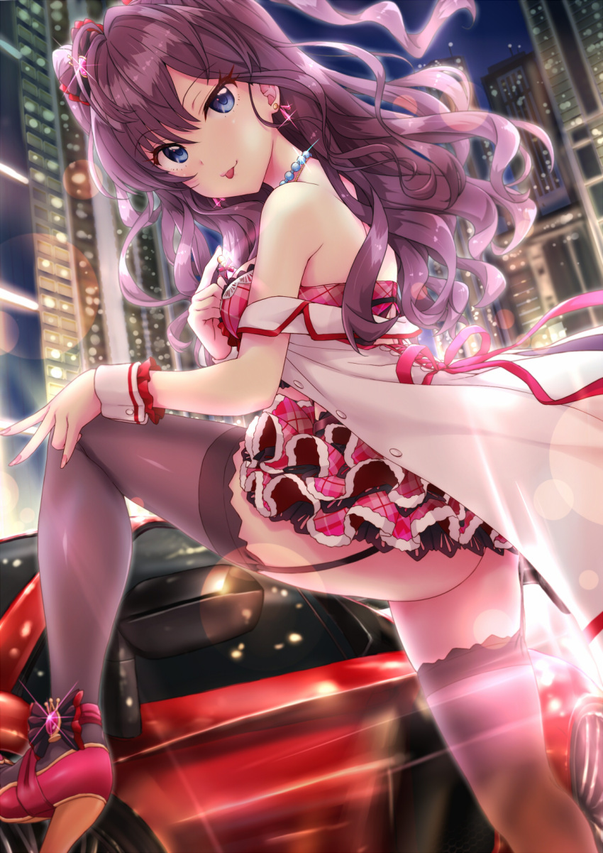 1girl, ahoge, ass, between_breasts, black_bow, black_legwear, blue_eyes, bottle