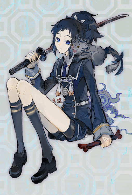 1boy, animal, animal_on_shoulder, black_legwear, cosplay, gokotai, gokotai_(cosplay), kantarou_(8kan)