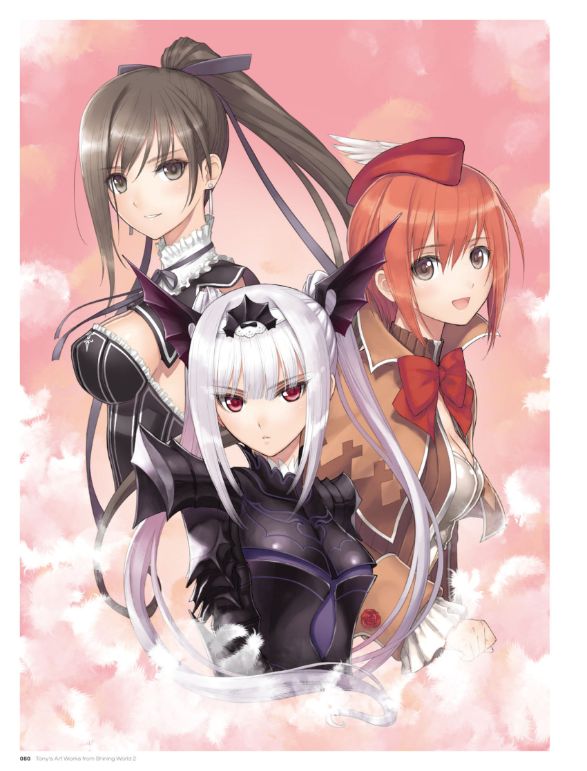 3girls, :d, artist_name, black_hair, black_ribbon, bow, bowtie, breasts