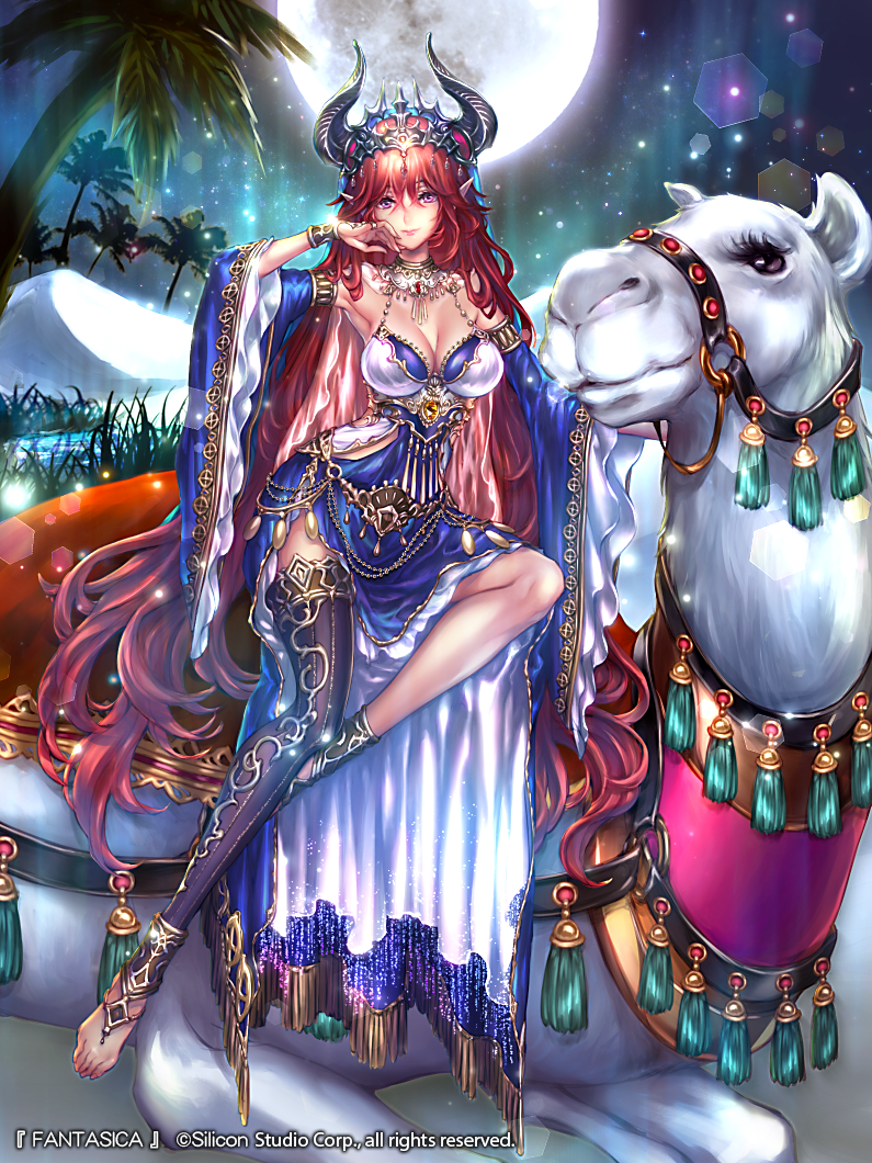1girl, barefoot_sandals, beko-atwks, breasts, camel, cape, cleavage, coconut_tree, company_name, copyright_name, full_body, gem, grass, gyakushuu_no_fantasica, horns, jewelry, long_hair, moon, necklace, night, night_sky, official_art, palm_tree, pointy_ears, redhead, ring, sky, solo, tree, violet_eyes