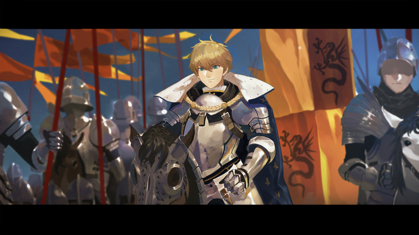 2boys, ahoge, armor, army, blonde_hair, faceless, faceless_male, fate/prototype