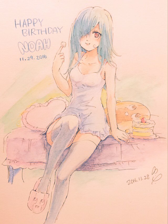 1girl, bangs, blue_hair, cake, camisole, character_name, commentary_request, cream