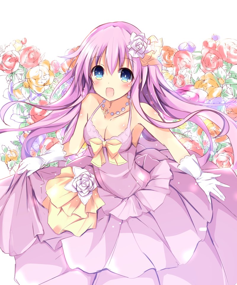 1girl, bare_shoulders, blue_eyes, blush, d-pad, dress, hair_ornament, hinata_yuu_(atelierhinata)