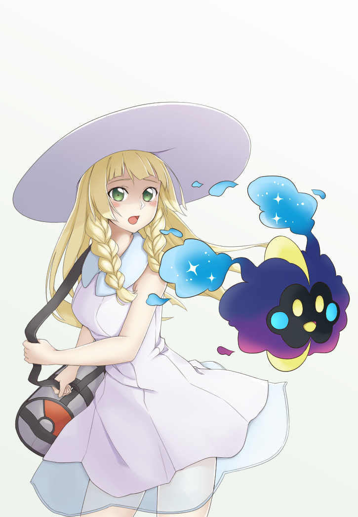 1girl, bag, bangs, blonde_hair, blunt_bangs, braid, cosmog, dress