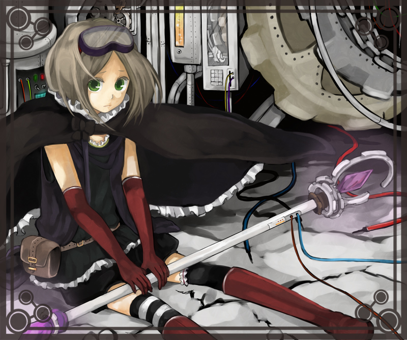 cape, elbow_gloves, gloves, green_eyes, mismatched_legwear, pixiv, pixiv_fantasia, pixiv_fantasia_2