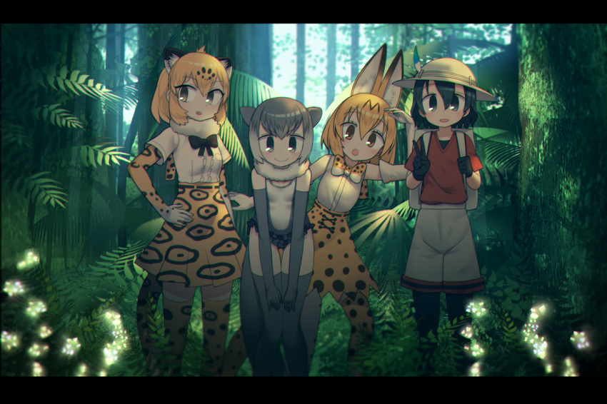 >:), 4girls, :d, :o, animal_ears, backpack, bag, bare_shoulders
