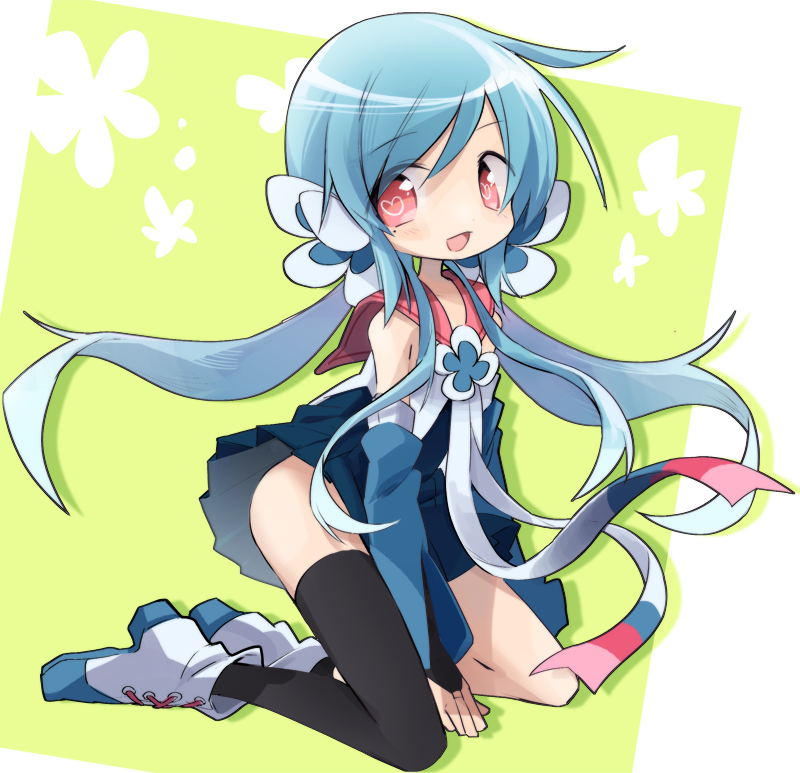 ameko-107, asymmetrical_legwear, bangs, black_legwear, blue_hair, boots, bridal_gauntlets, character_request