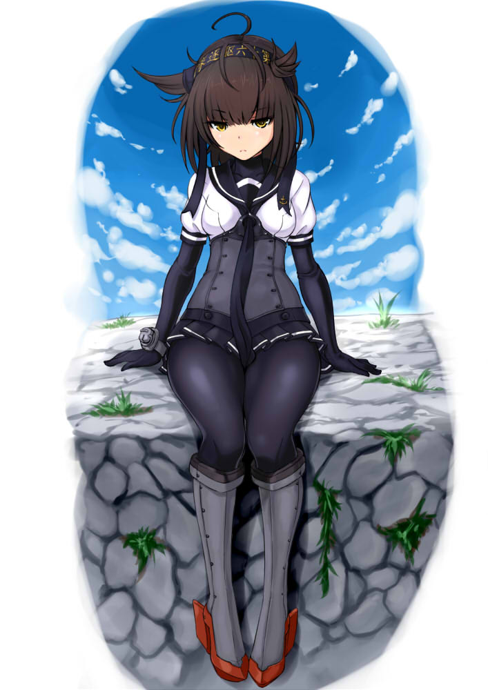 1girl, ahoge, black_gloves, blush, bodysuit, boots, brown_hair, clouds