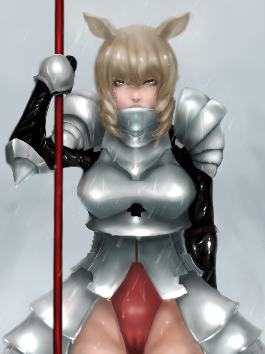 1girl, animal_ears, armor, blonde_hair, brown_eyes, gauntlets, highres, kemono_friends, long_hair, panties, ponytail, rain, red_panties, rhinoceros_ears, solo, underwear, weapon, wet, white_rhinoceros_(kemono_friends), yamashita_tomu