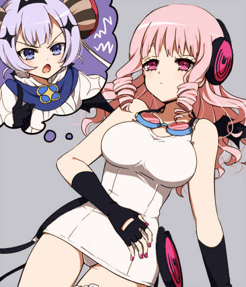 2girls, akasata, bare_shoulders, breasts, drill_hair, fingerless_gloves, gloves, goggles