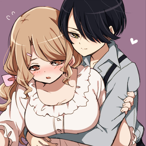 2girls, akasata, ashuu_shizuku, black_hair, blush, breasts, brown_eyes, brown_hair