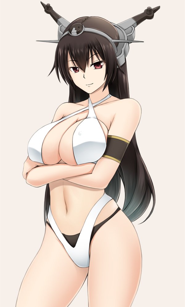 1girl, armband, bikini, black_hair, black_swimsuit, breasts, collarbone, crossed_arms