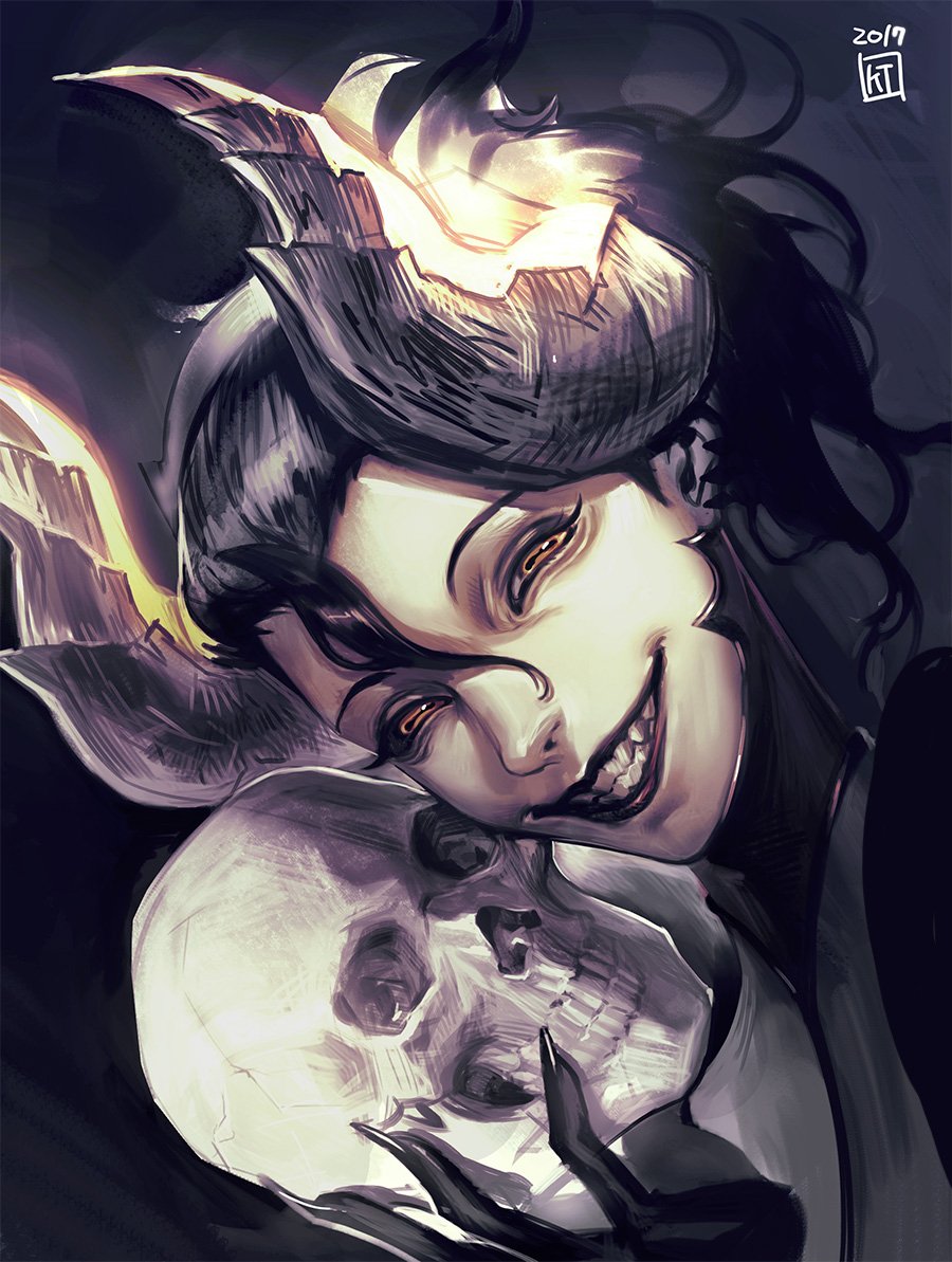 1girl, alternate_costume, alternate_hair_color, black_hair, creepy, demon_girl, devil_mercy, evil_eyes