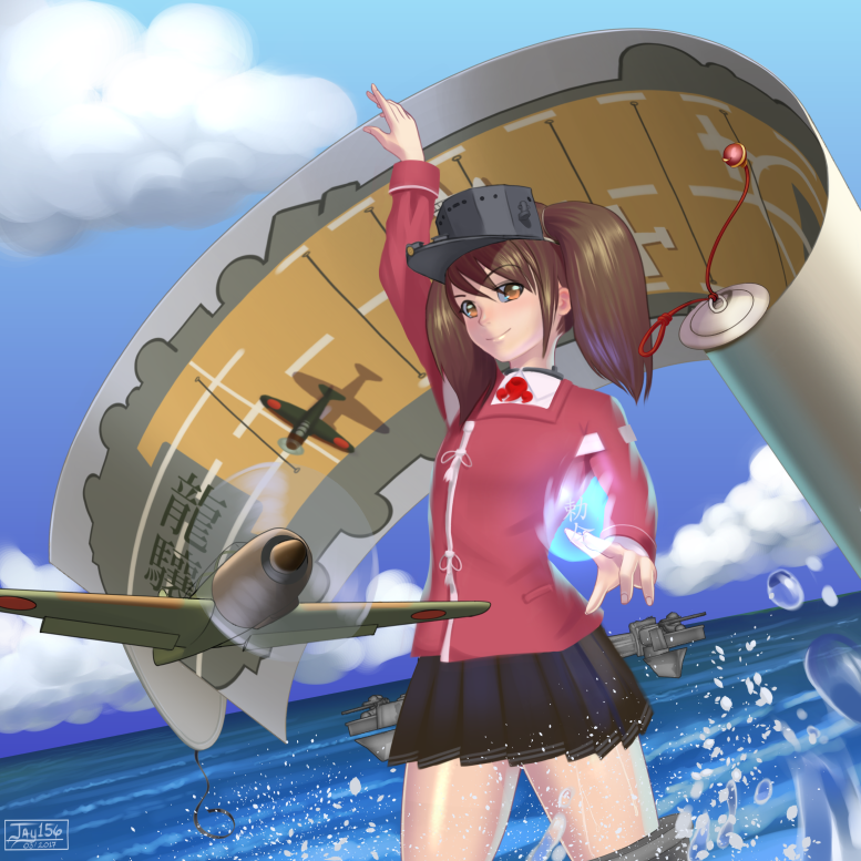 1girl, aircraft, airplane, artist_name, brown_eyes, brown_hair, character_name, clouds