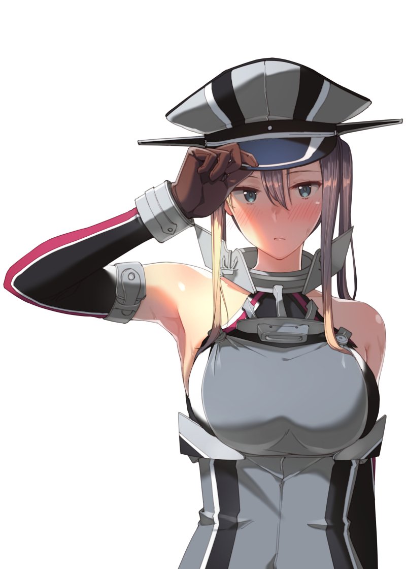 1girl, adjusting_clothes, adjusting_hat, anchor, bangs, bare_shoulders, bismarck_(kantai_collection), bismarck_(kantai_collection)_(cosplay)
