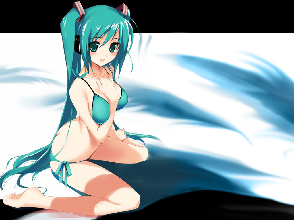 aqua_eyes, aqua_hair, barefoot, bikini, blush, hatsune_miku, hima, kneeling