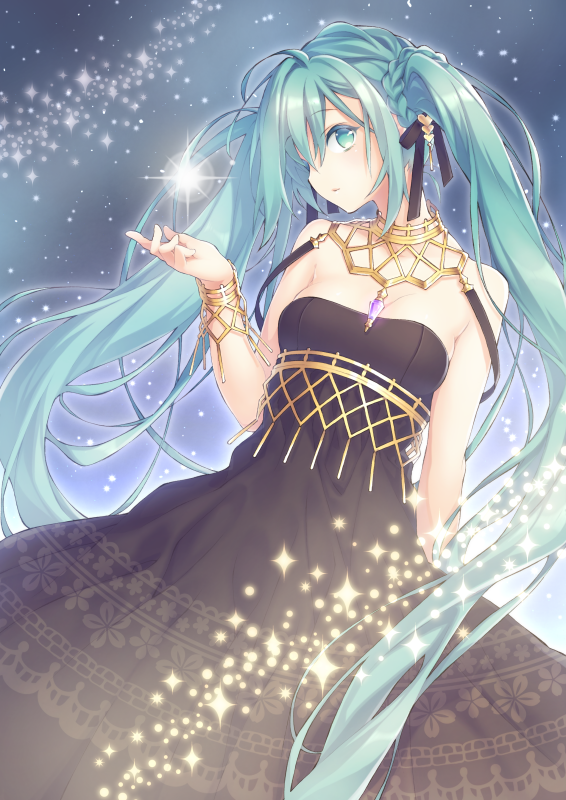 1girl, alternate_costume, aqua_eyes, aqua_hair, black_dress, braid, dress, hatsune_miku