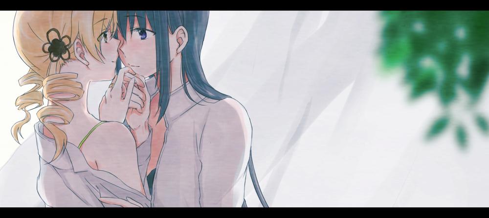 2girls, akemi_homura, black_hair, blonde_hair, couple, curtains, eye_contact, hand_kiss
