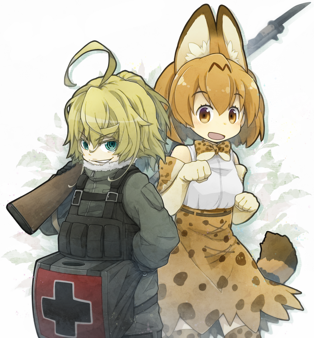 2girls, ahoge, animal_ears, bare_shoulders, belt, blonde_hair, blue_eyes, blush, bow, bowtie, commentary_request, cowboy_shot, crossover, elbow_gloves, gloves, grin, gun, hair_between_eyes, high-waist_skirt, iron_cross, kemono_friends, lama_(kusuriya), long_sleeves, looking_at_viewer, military, military_uniform, multiple_girls, open_mouth, paw_pose, ponytail, season_connection, serval_(kemono_friends), serval_ears, serval_print, serval_tail, shirt, short_hair, skirt, sleeveless, smile, solo, tail, tanya_degurechaff, uniform, weapon, youjo_senki