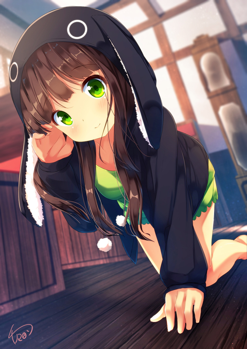1girl, all_fours, animal_ears, animal_hood, anko_(gochiusa), bangs, barefoot, black_jacket