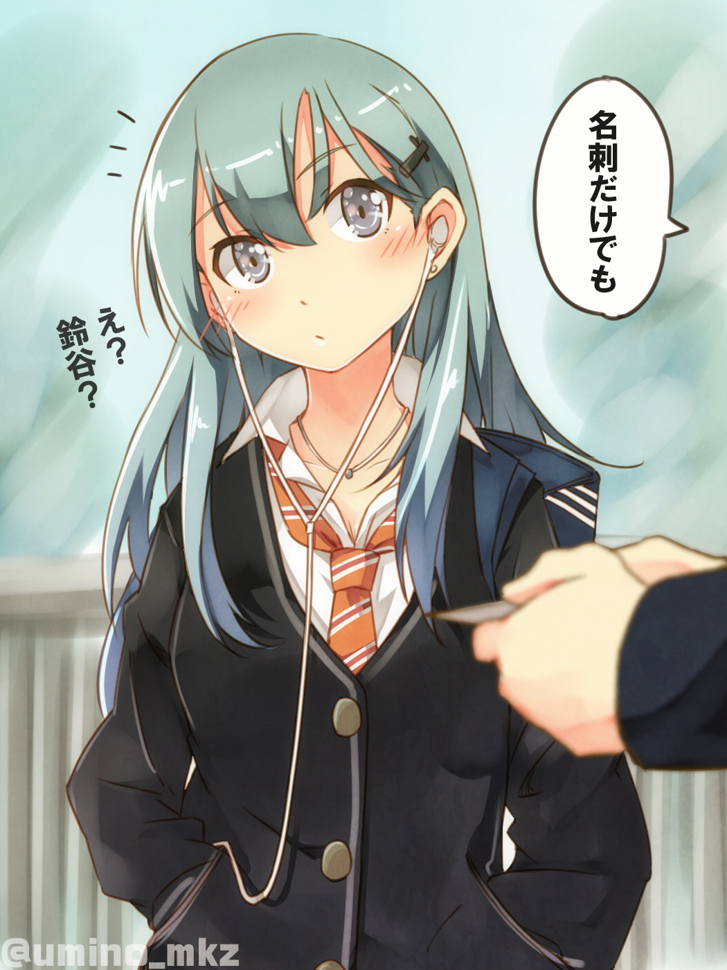 1girl, ?, aqua_hair, bag, cardigan, cosplay, crossover, earphones