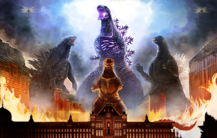 building, city, claws, clouds, cloudy_sky, fire, giant, glowing