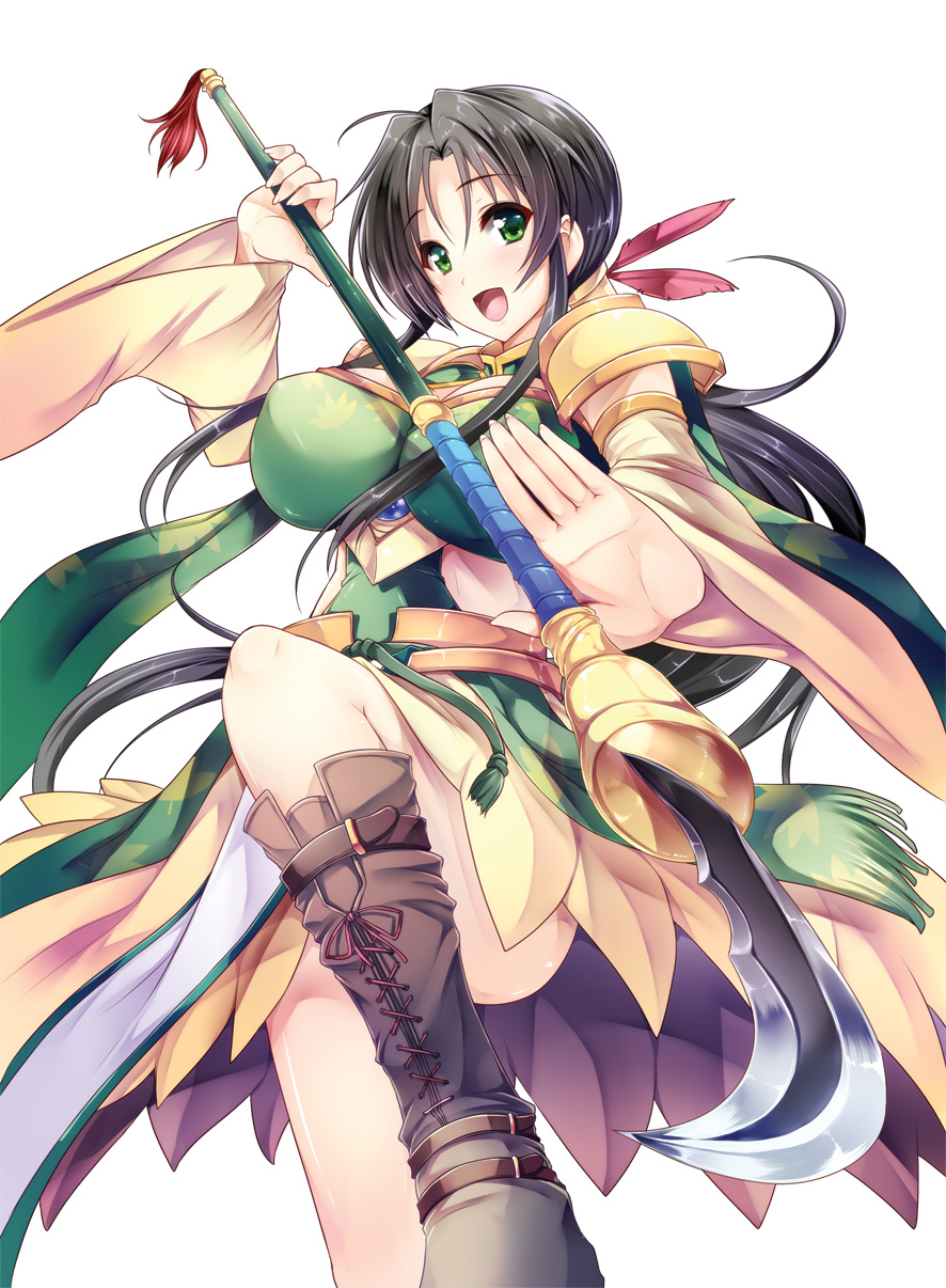 1girl, :d, ahoge, black_hair, blush, boots, breasts, brown_boots