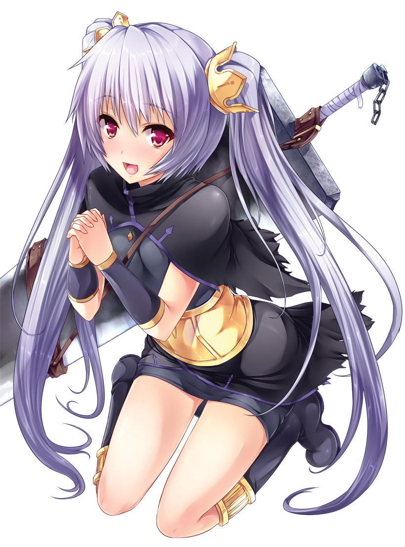 1girl, :d, bangs, black_boots, black_dress, blush, boots, breasts, capelet, crown, dress, full_body, gluteal_fold, goban, hair_ornament, hands_clasped, huge_weapon, kayuu_(sangoku_hime), long_hair, looking_at_viewer, medium_breasts, open_mouth, purple_hair, sangoku_hime, sangoku_hime_3, short_dress, smile, solo, sword, two_side_up, vambraces, very_long_hair, violet_eyes, weapon, weapon_on_back