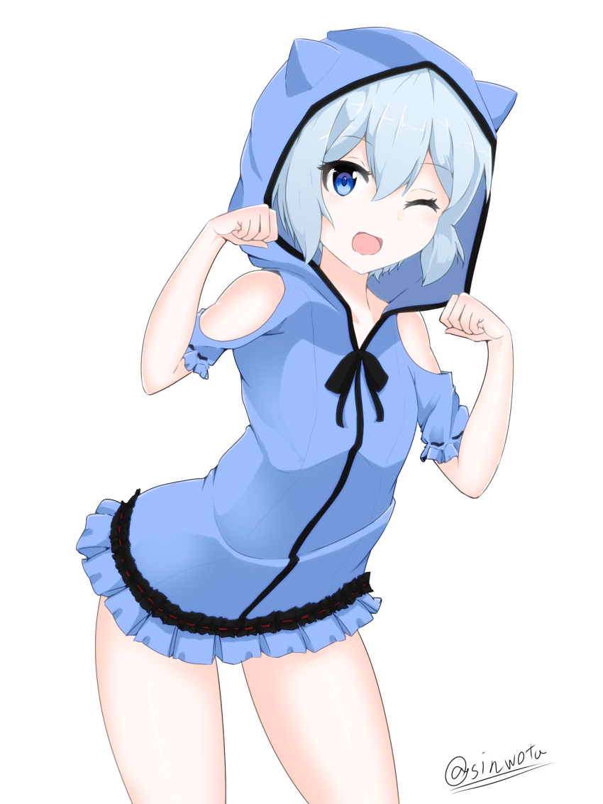 1girl, ;d, animal_hood, artist_name, blue_dress, blue_eyes, blue_hair, dress