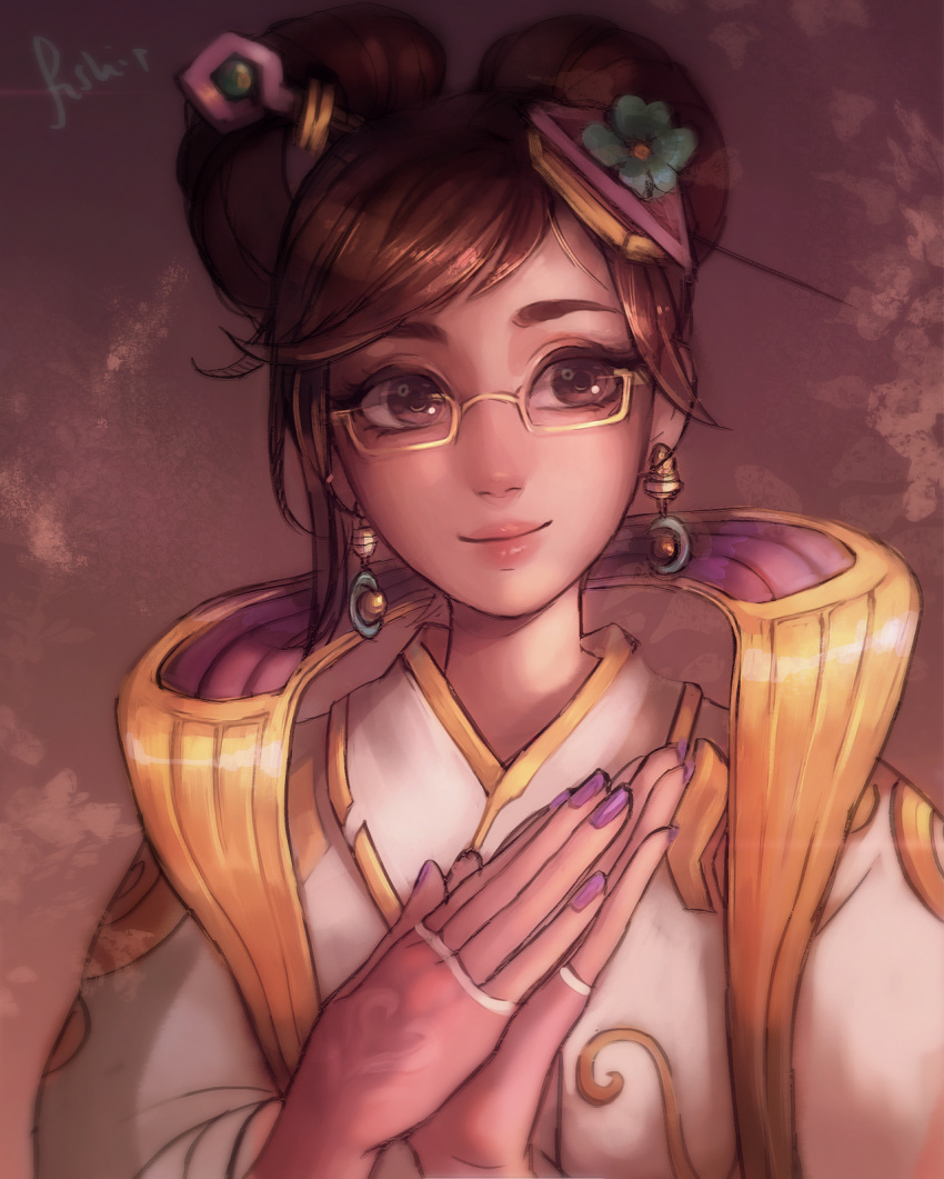 1girl, brown_background, brown_eyes, brown_hair, chang'e_mei, chinese_clothes, earrings, flower, glasses, hair_flower, hair_ornament, hair_up, hairpin, hands_together, highres, jewelry, light_smile, lips, long_sleeves, looking_at_viewer, making_of, matilda_vin, mei_(overwatch), nail_polish, overwatch, purple_nails, semi-rimless_glasses, signature, solo, under-rim_glasses, upper_body, yellow-framed_eyewear