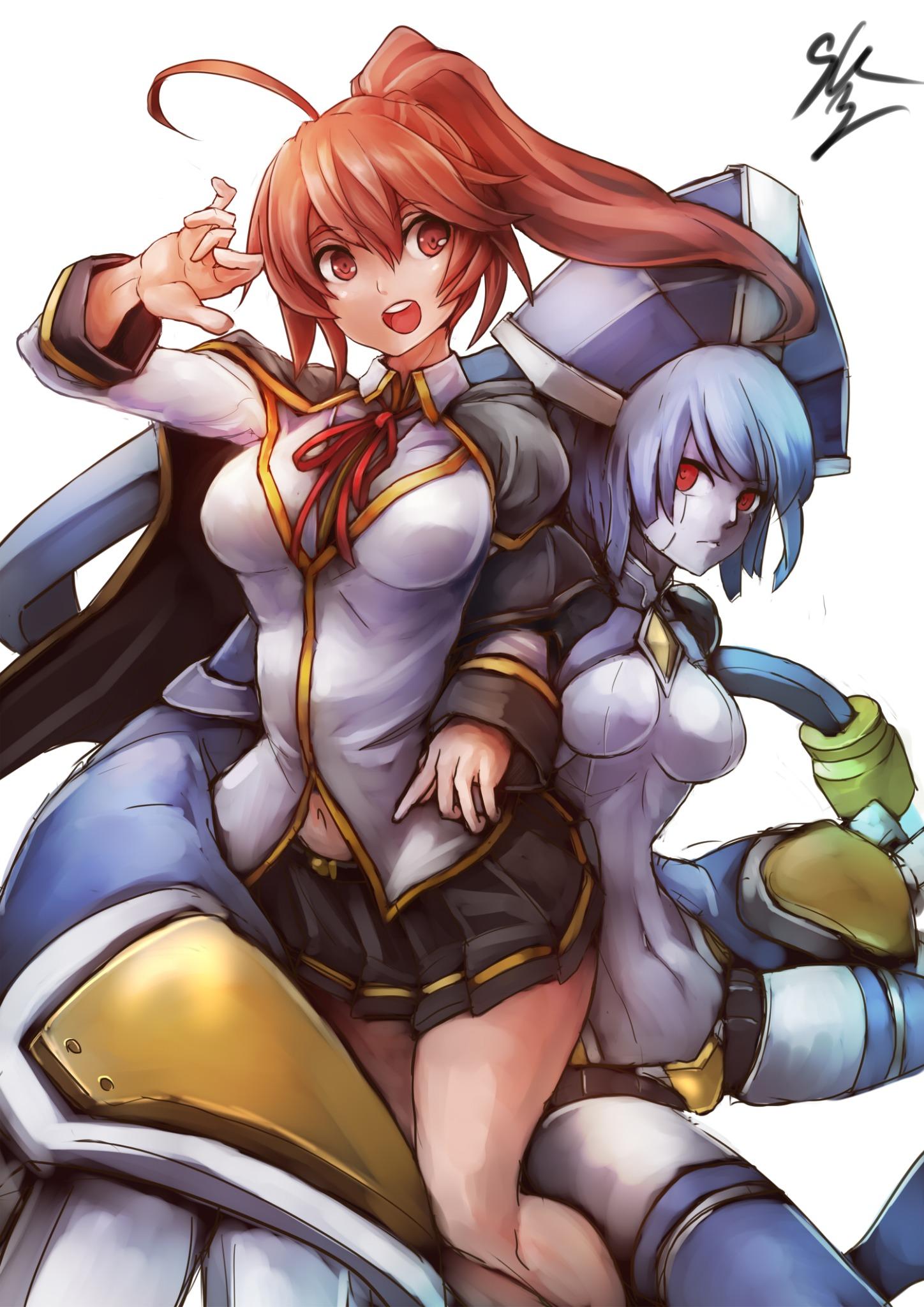 2girls, :d, black_skirt, blazblue, blazblue:_chronophantasma, breasts, brown_hair, cape, celica_a_mercury, commentary_request, highres, long_sleeves, mecha, medium_breasts, minerva_(blazblue), multiple_girls, navel, neck_ribbon, open_mouth, pleated_skirt, ponytail, red_eyes, red_ribbon, ribbon, school_uniform, skirt, smile, sowel_(sk3), white_background